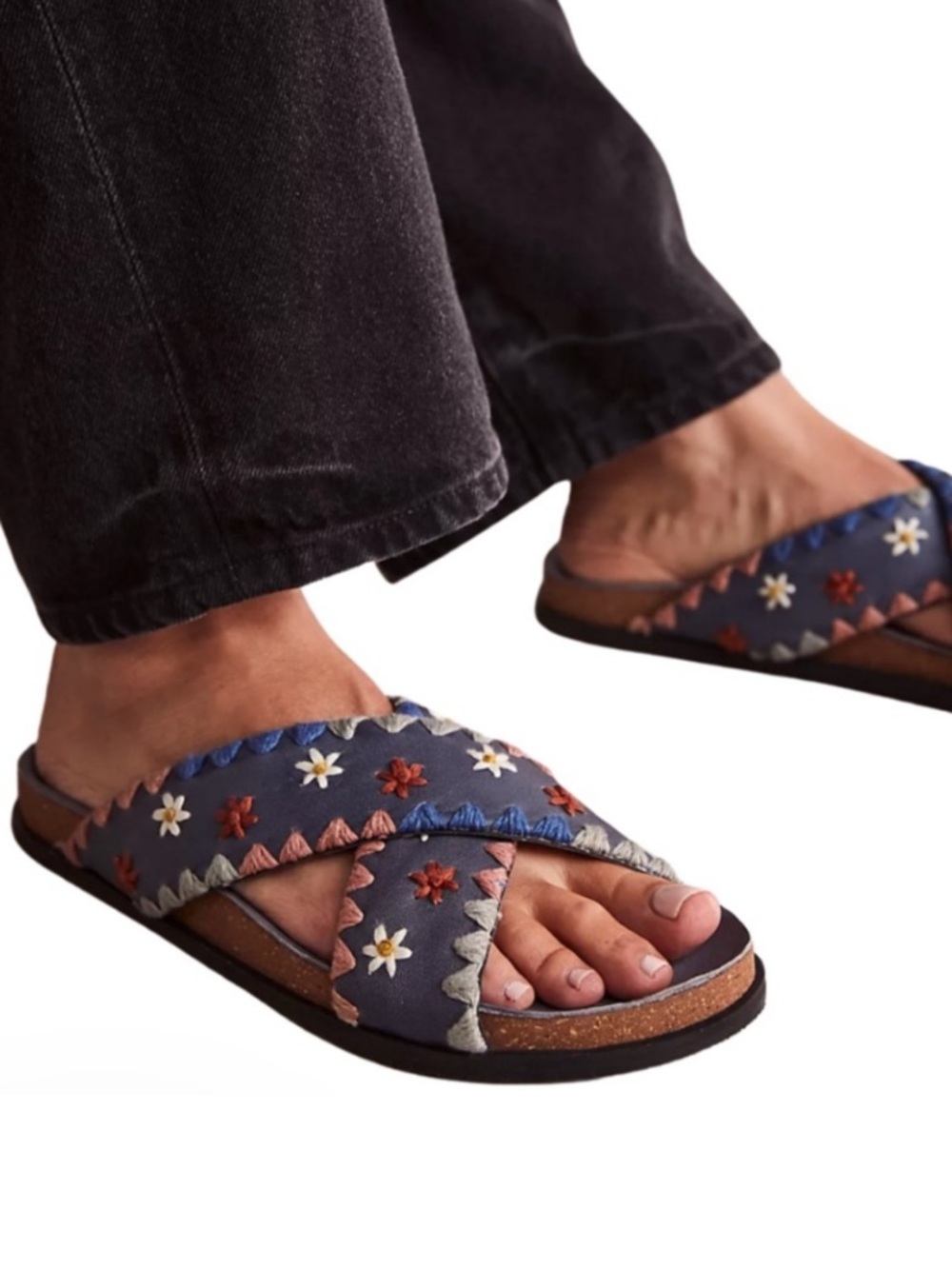 Free People Wildflowers Blue Embroidered Floral Boho Leather Sandals 38 US 8